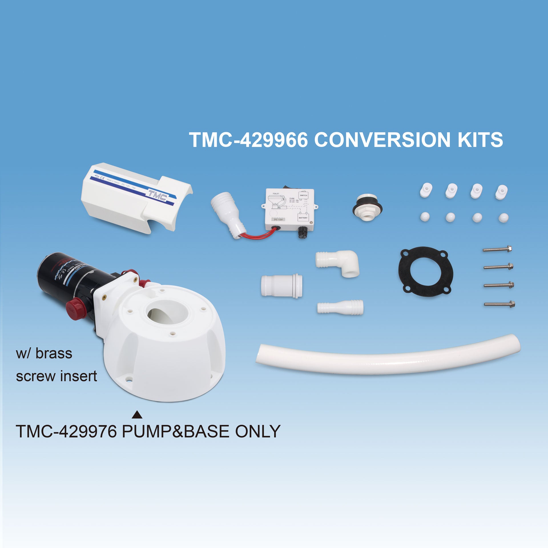 TMC electric toilet conversion kit for 12V and 24V marine toilets. Designed to upgrade manual toilets to electric operation. Includes motor unit, pump assembly, and installation parts. Reliable, water-resistant, and ideal for marine sanitation systems.