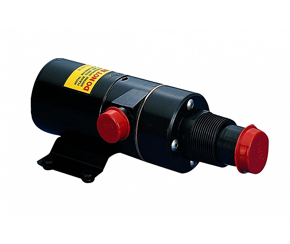TMC Macerator Pump for marine toilet systems, available in 12V (TMC-06205-12V) and 24V (TMC-06205-24V). Provides 700 GPH flow rate, 16 ft delivery head, and 1-1/2" inlet and 1" outlet. Ideal for blackwater waste discharge on boats, yachts, and RV sanitation systems.