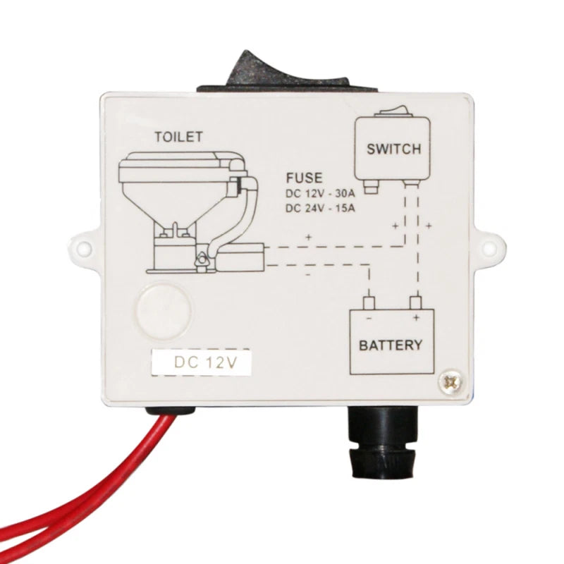 TMC toilet switch for 12V and 24V marine electric toilet systems. Features durable, water-resistant construction for reliable operation in wet environments. Simple control for flushing functions. Compatible with TMC electric marine toilets and panels.