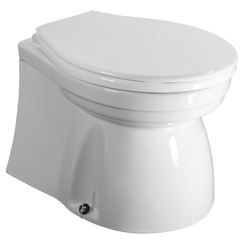 TMC Electric Marine Toilet featuring a medium skirted bowl, deluxe plastic seat and cover, and corrosion-resistant materials. Includes switch box for easy operation. Available in 12V and 24V models, designed for saltwater and freshwater marine environments.