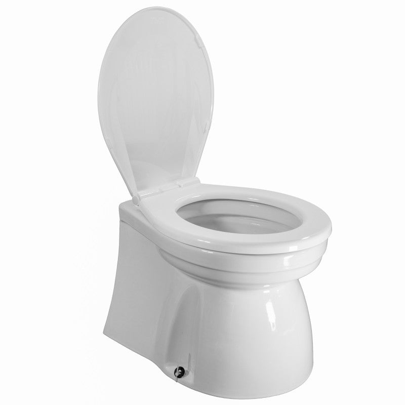 TMC Electric Marine Toilet featuring a medium skirted bowl, deluxe plastic seat and cover, and corrosion-resistant materials. Includes switch box for easy operation. Available in 12V and 24V models, designed for saltwater and freshwater marine environments.

