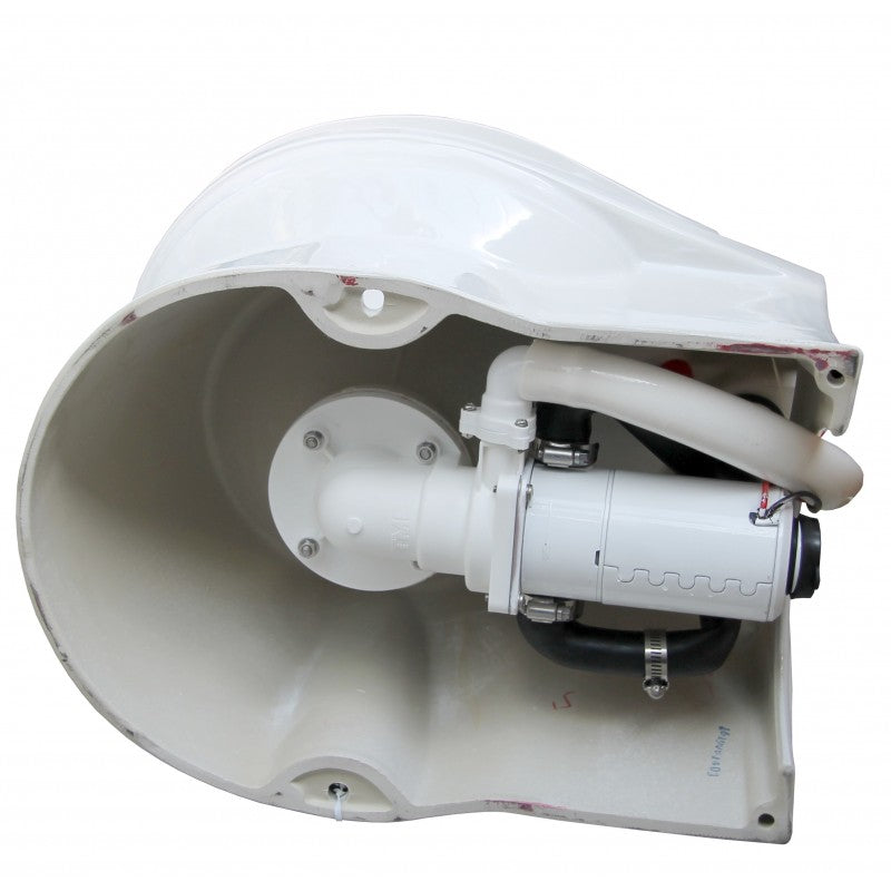 TMC Electric Marine Toilet featuring a medium skirted bowl, deluxe plastic seat and cover, and corrosion-resistant materials. Includes switch box for easy operation. Available in 12V and 24V models, designed for saltwater and freshwater marine environments.