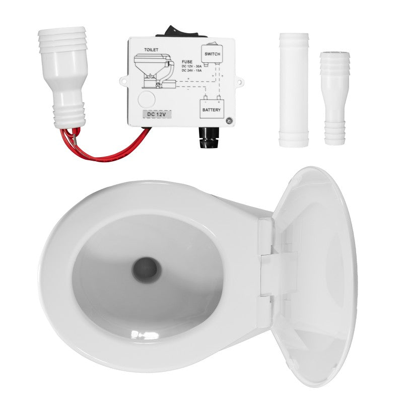 TMC Electric Marine Toilet featuring a medium skirted bowl, deluxe plastic seat and cover, and corrosion-resistant materials. Includes switch box for easy operation. Available in 12V and 24V models, designed for saltwater and freshwater marine environments.

