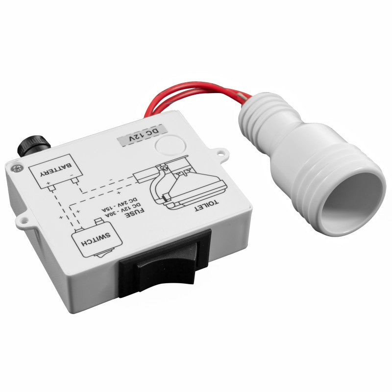 TMC Electric Marine Toilet featuring a medium skirted bowl, deluxe plastic seat and cover, and corrosion-resistant materials. Includes switch box for easy operation. Available in 12V and 24V models, designed for saltwater and freshwater marine environments.