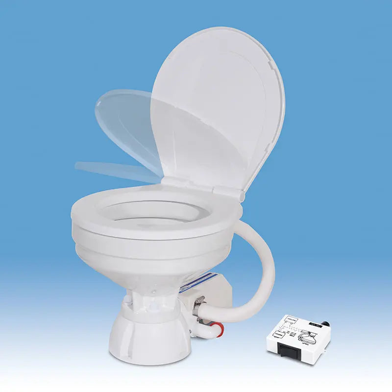 TMC Electric Marine Toilet with small bowl, standard plastic seat, and included switch box. Space-saving marine toilet for compact boat heads. 12V and 24V compatible with corrosion-resistant materials. Ideal for inland, coastal, and offshore vessels.

