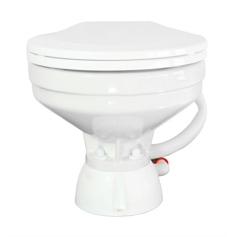 TMC Electric Marine Toilet with small bowl, standard plastic seat, and included switch box. Space-saving marine toilet for compact boat heads. 12V and 24V compatible with corrosion-resistant materials. Ideal for inland, coastal, and offshore vessels.
