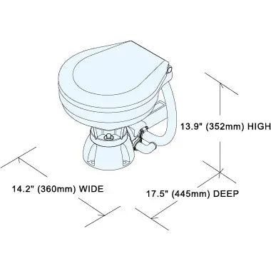 TMC Electric Marine Toilet with small bowl, standard plastic seat, and included switch box. Space-saving marine toilet for compact boat heads. 12V and 24V compatible with corrosion-resistant materials. Ideal for inland, coastal, and offshore vessels.