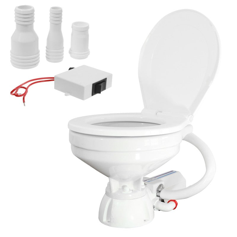 TMC Electric Marine Toilet with small bowl, standard plastic seat, and included switch box. Space-saving marine toilet for compact boat heads. 12V and 24V compatible with corrosion-resistant materials. Ideal for inland, coastal, and offshore vessels.

