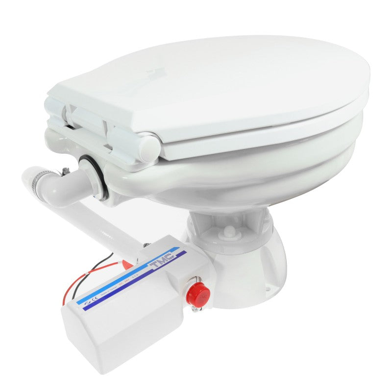 TMC Electric Marine Toilet with small bowl, standard plastic seat, and included switch box. Space-saving marine toilet for compact boat heads. 12V and 24V compatible with corrosion-resistant materials. Ideal for inland, coastal, and offshore vessels.

