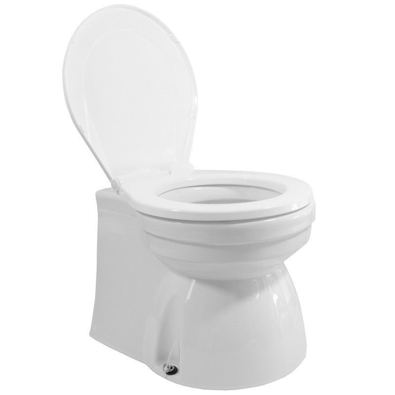 TMC Electric Marine Toilet with small skirted bowl, compact size, and standard plastic seat. Includes switch box for easy control. Built with corrosion-resistant marine materials. Available in 12V and 24V models, ideal for small to medium-sized boats and saltwater or freshwater environments.