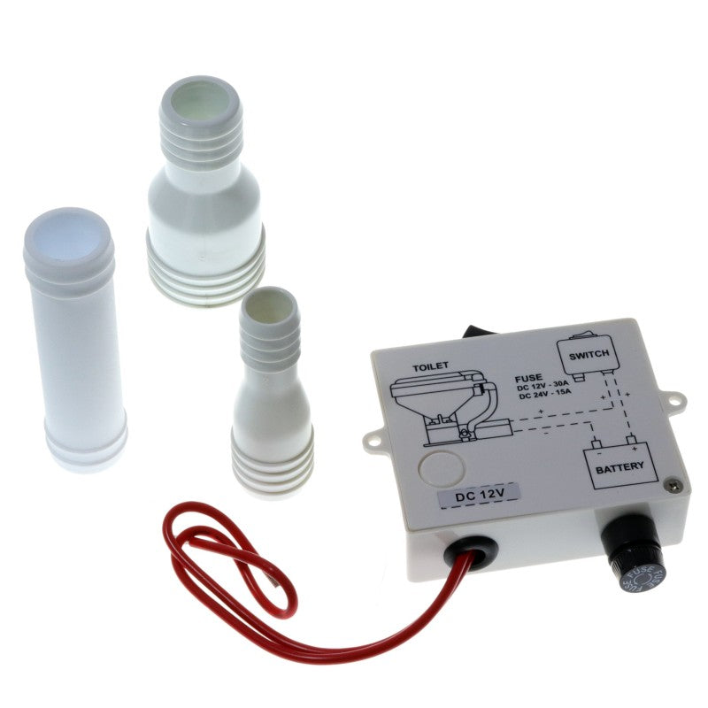 TMC Electric Marine Toilet with small skirted bowl, compact size, and standard plastic seat. Includes switch box for easy control. Built with corrosion-resistant marine materials. Available in 12V and 24V models, ideal for small to medium-sized boats and saltwater or freshwater environments.


