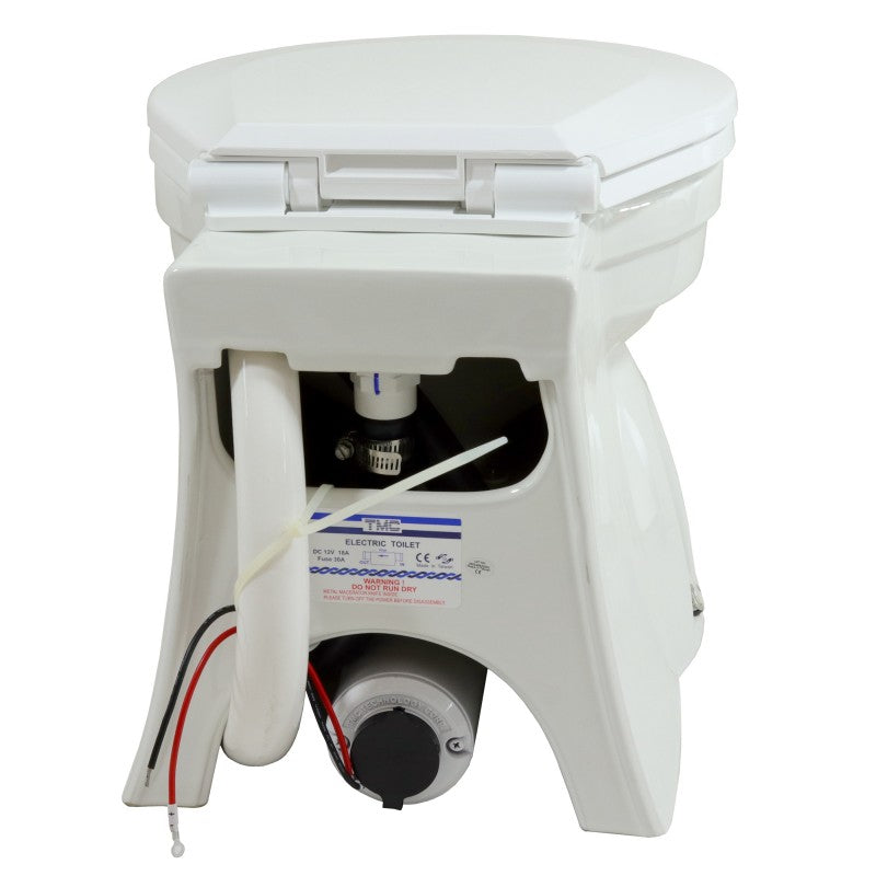 TMC Electric Marine Toilet with small skirted bowl, compact size, and standard plastic seat. Includes switch box for easy control. Built with corrosion-resistant marine materials. Available in 12V and 24V models, ideal for small to medium-sized boats and saltwater or freshwater environments.