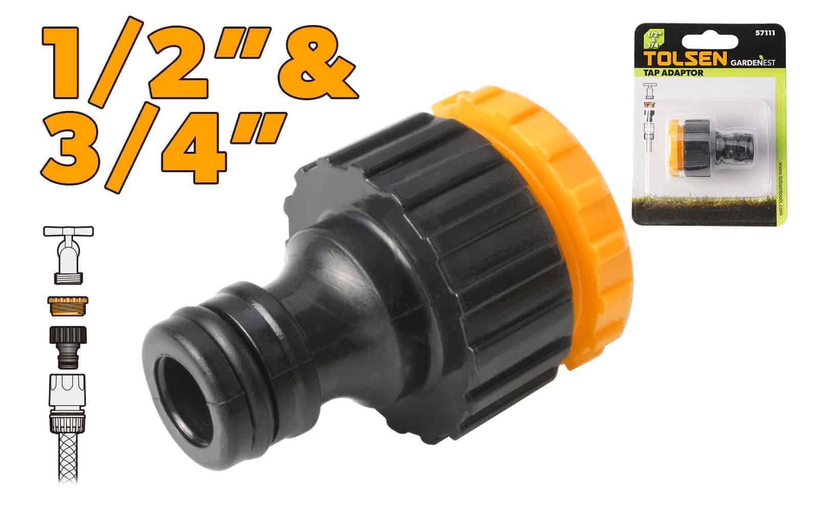 TOLSEN tap adaptor crafted from durable ABS plastic, compatible with 1/2" and 3/4" taps. Ideal for versatile garden hose or plumbing connections. Lightweight, corrosion-resistant design, packaged on a skin card for easy use and storage.

