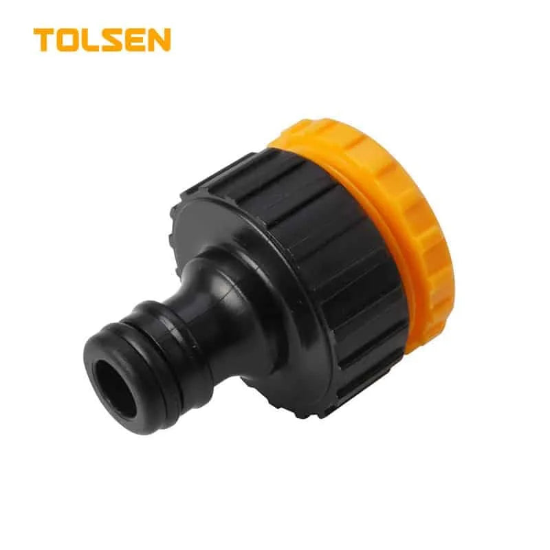 TOLSEN tap adaptor crafted from durable ABS plastic, compatible with 1/2" and 3/4" taps. Ideal for versatile garden hose or plumbing connections. Lightweight, corrosion-resistant design, packaged on a skin card for easy use and storage.

