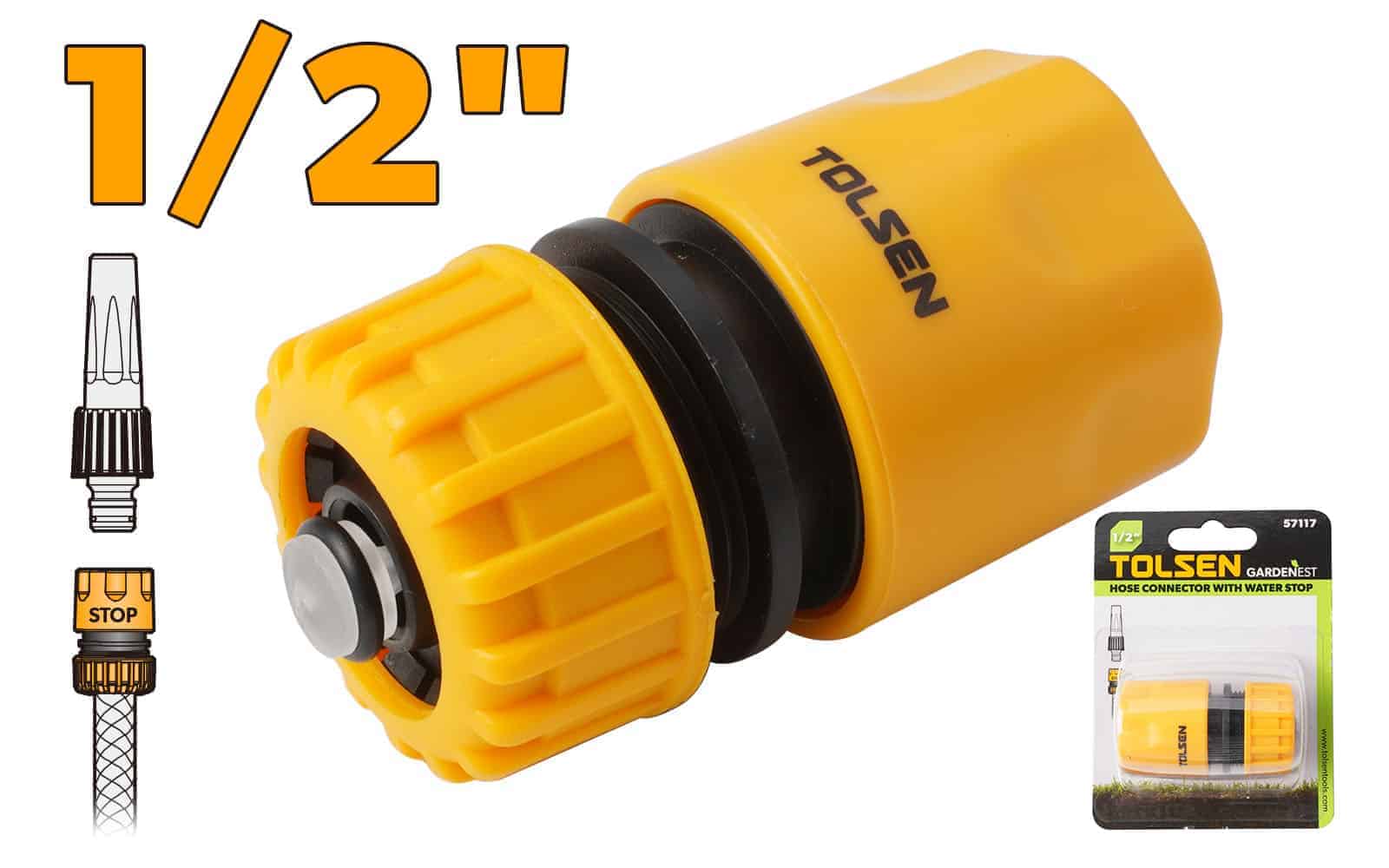 TOLSEN hose connector designed for 1/2" hoses, constructed from durable PP and ABS for strength and longevity. Suitable for garden and plumbing use, this connector ensures a secure fit and is packaged on a skin card for convenience and easy storage.

