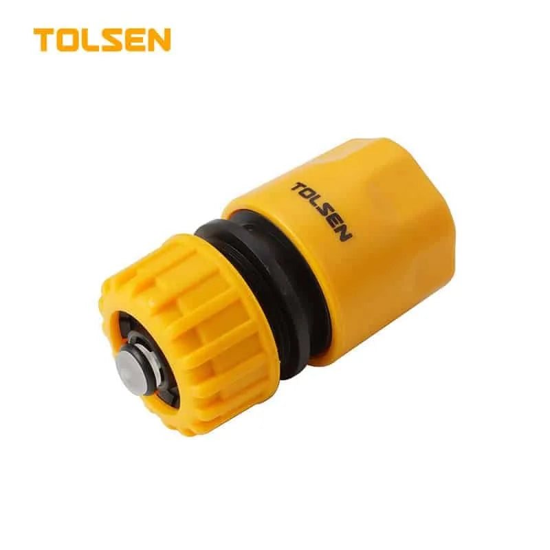 TOLSEN hose connector designed for 1/2" hoses, constructed from durable PP and ABS for strength and longevity. Suitable for garden and plumbing use, this connector ensures a secure fit and is packaged on a skin card for convenience and easy storage.

