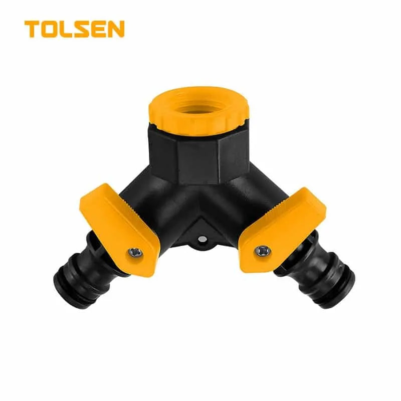TOLSEN 2-way hose coupling with 1/2 inch standard connection, built from durable ABS and PP materials. Perfect for connecting two hoses simultaneously for garden watering or irrigation. Retail skin card packaging for easy handling and display.

