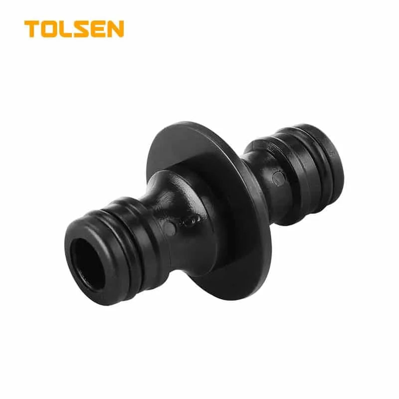 TOLSEN 2-way hose coupling crafted from strong ABS material, designed for quick-click connection of two hoses or accessories. Perfect for efficient garden watering or irrigation systems. Supplied in skin card packaging for easy store display and handling.

