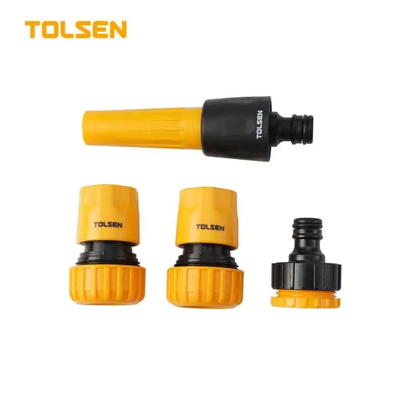 TOLSEN Hose Accessory Kit including 3/4″ hose connector, water stop connector, 3/4″ to 1″ tap adaptor, and adjustable nozzle. Ideal for garden hoses and irrigation systems. Packaged on a skin card for easy handling and storage.