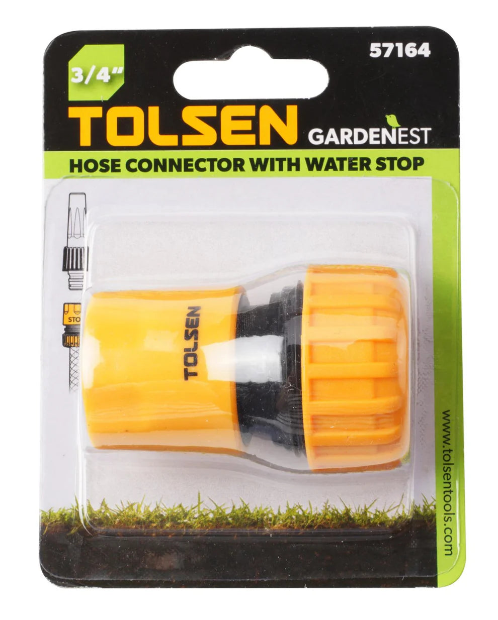 TOLSEN 3/4″ hose connector made from durable polypropylene (PP). Designed for secure, leak-free hose connections in garden and irrigation systems. Lightweight, corrosion-resistant, and packed on a skin card for easy handling.
