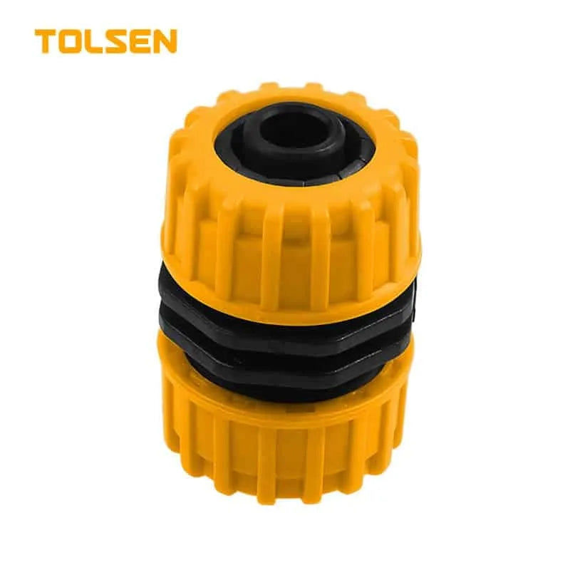 TOLSEN 1/2 inch hose coupling made from durable ABS and PP, ideal for garden hoses, irrigation, and water systems. Easy-to-use, long-lasting connector packed on a skin card for convenient display and storage.