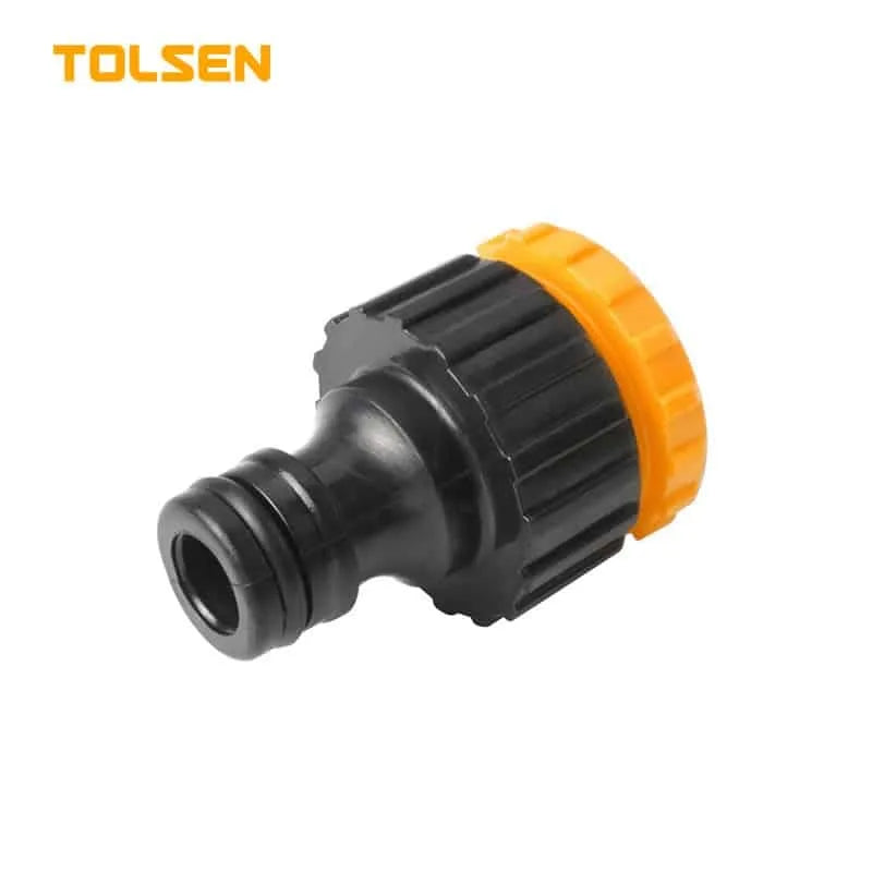 TOLSEN hose coupling made from tough ABS, compatible with both 1/2 inch and 3/4 inch hoses. Perfect for garden and irrigation systems. Provides a strong and reliable connection. Packaged on a skin card for easy storage and retail display.