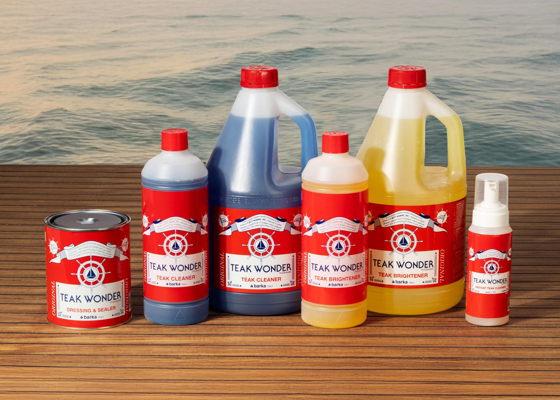 Teak Wonder teak care products collection featuring teak cleaner, teak brightener, and teak sealer. Non-caustic, eco-friendly formulas designed for marine and outdoor use to clean, restore, and protect teak wood surfaces like decks, furniture, and boat trim.

