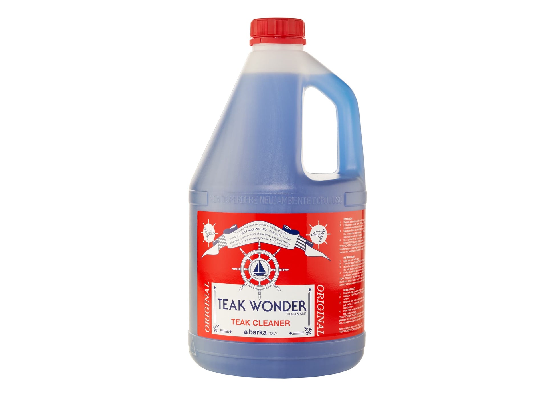 Teak Wonder® Teak Cleaner 1 Gallon (3.78 L) bottle – non-caustic marine wood cleaner that removes gray oxidation and dirt from teak surfaces without sanding. Safe for use on marine paints, varnishes, and hardware, leaving teak revitalized and ready for brightening.