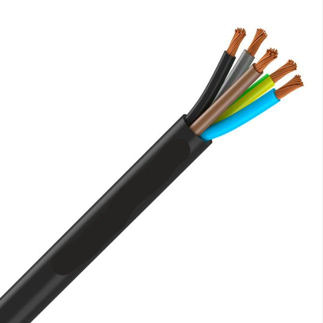Top Cable H07RN-F black flexible rubber cable, 1.5mm² 5-core, rated for 90°C. Designed for control and signal wiring in industrial, marine, and mobile installations. Flexible, weatherproof, and resistant to oil and UV exposure.