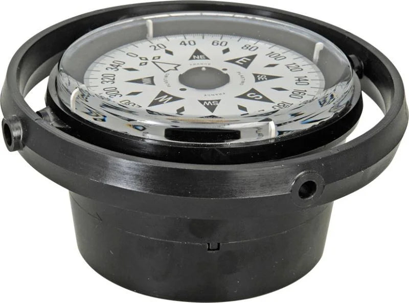 Classic marine compass with white graduated card, gimballed mount, and varnished wooden box with Plexiglas lid. Perfect for traditional boats or nautical collectors.

