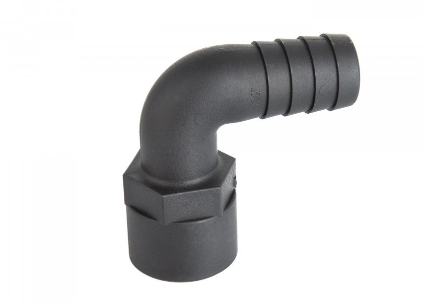 Tru-Design 90° Hose Connector with extended female BSP thread in black GRP composite. Used in marine plumbing systems to connect hoses at a right angle. Long thread allows for through-bulkhead or secure mounting. UV stable, corrosion-resistant, and lightweight for marine use.