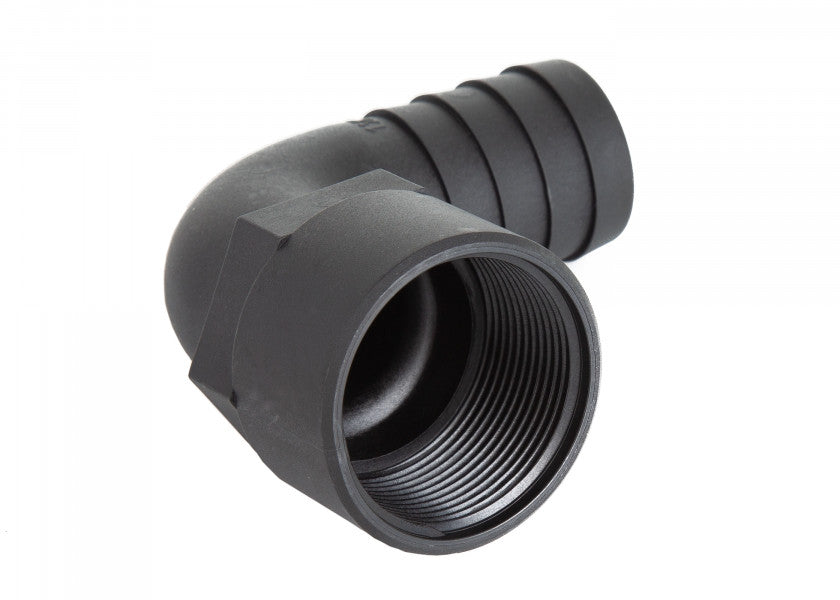 Tru-Design 90° Hose Connector with extended female BSP thread in black GRP composite. Used in marine plumbing systems to connect hoses at a right angle. Long thread allows for through-bulkhead or secure mounting. UV stable, corrosion-resistant, and lightweight for marine use.