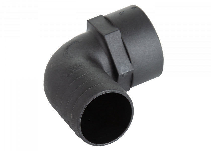 Tru-Design 90° Hose Connector with extended female BSP thread in black GRP composite. Used in marine plumbing systems to connect hoses at a right angle. Long thread allows for through-bulkhead or secure mounting. UV stable, corrosion-resistant, and lightweight for marine use.