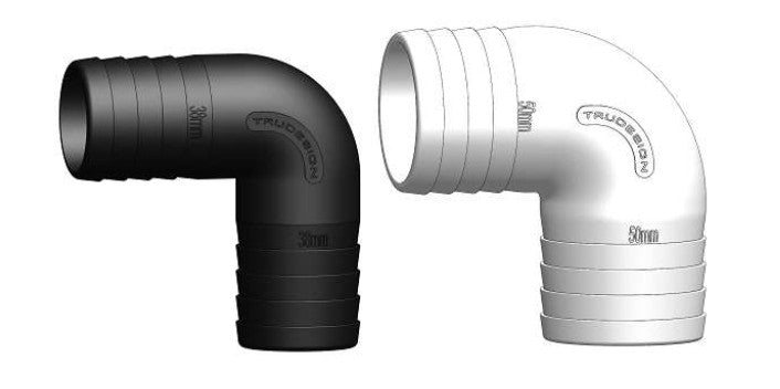 Tru-Design 90° Hose Connector made from glass-reinforced polymer for marine use. Designed to provide a strong, corrosion-free right-angle hose connection. Ideal for tight installations in plumbing systems onboard boats. UV-resistant and safe for fresh, grey, or black water.

