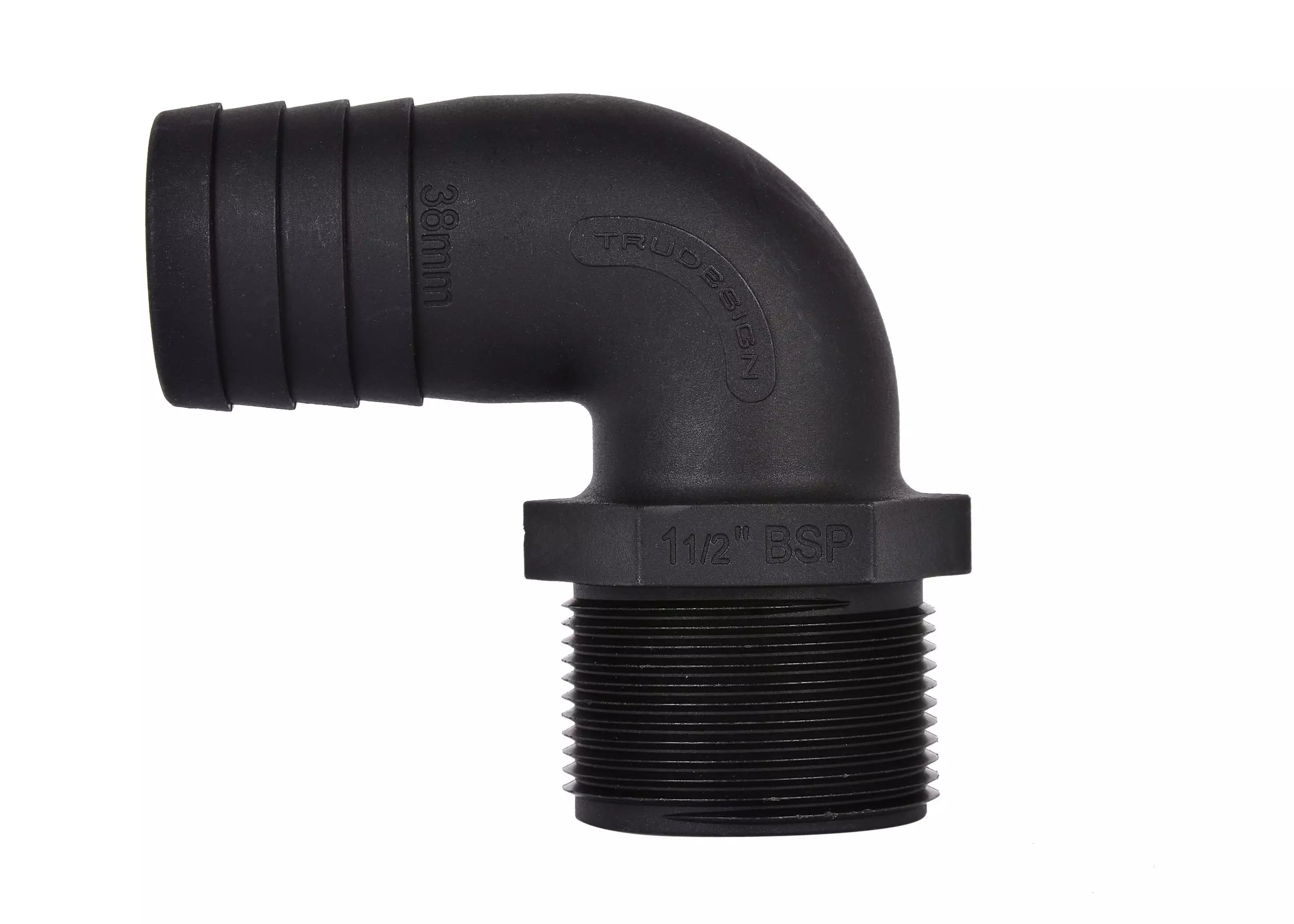Tru-Design 90° Hose Connector with extended male BSP thread in black glass-reinforced nylon. Designed for marine plumbing systems, resistant to UV, corrosion, fuel, and antifouling chemicals. Works on all hull types. Withstands temps from -20°C to +110°C. Lightweight and durable.

