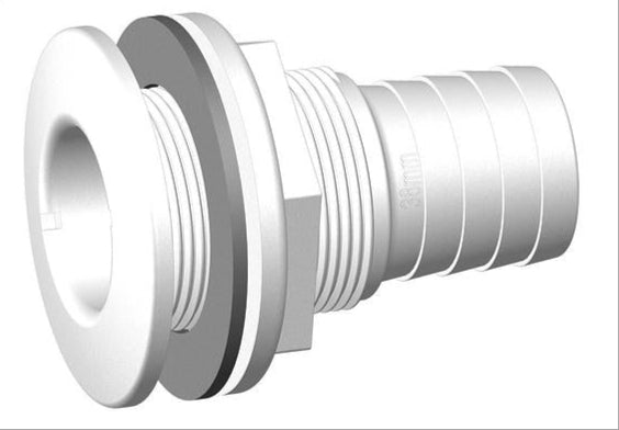 Tru-Design Skin Fitting with integrated hose tail made from glass-reinforced polymer (GRP). Designed for thru-hull applications in marine plumbing. Lightweight, corrosion- and UV-resistant. Suitable for fresh, grey, and black water systems on any hull type—metal, wood, or composite.