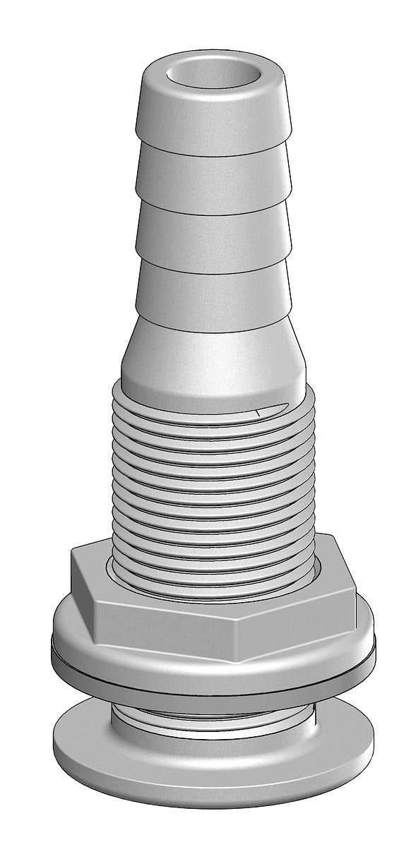 Tru-Design Skin Fitting with integrated hose tail made from glass-reinforced polymer (GRP). Designed for thru-hull applications in marine plumbing. Lightweight, corrosion- and UV-resistant. Suitable for fresh, grey, and black water systems on any hull type—metal, wood, or composite.


