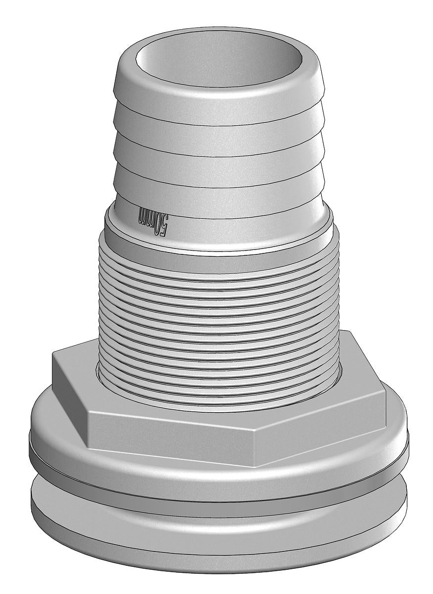 Tru-Design Skin Fitting with integrated hose tail made from glass-reinforced polymer (GRP). Designed for thru-hull applications in marine plumbing. Lightweight, corrosion- and UV-resistant. Suitable for fresh, grey, and black water systems on any hull type—metal, wood, or composite.

