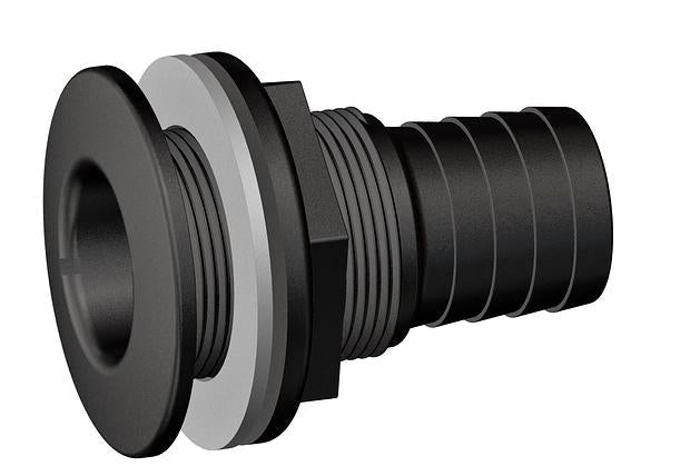 Tru-Design Skin Fitting with integrated hose tail made from glass-reinforced polymer (GRP). Designed for thru-hull applications in marine plumbing. Lightweight, corrosion- and UV-resistant. Suitable for fresh, grey, and black water systems on any hull type—metal, wood, or composite.

