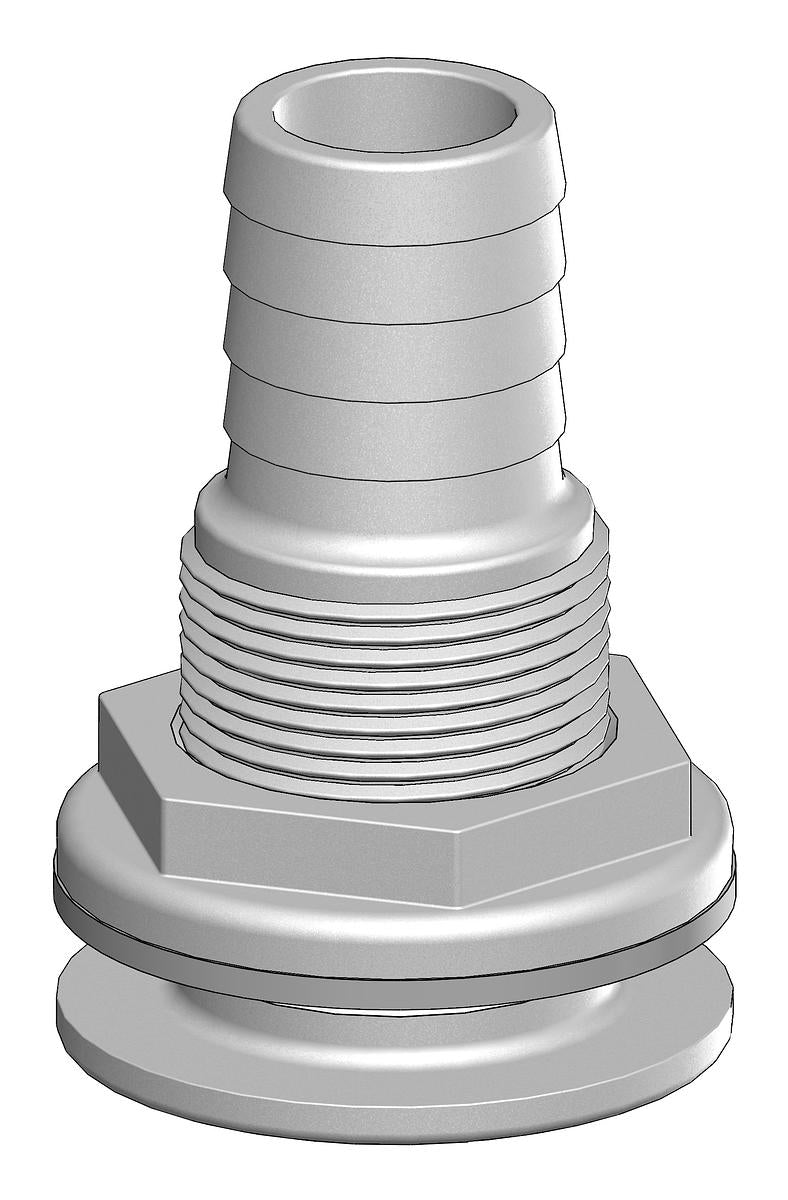 Tru-Design Skin Fitting with integrated hose tail made from glass-reinforced polymer (GRP). Designed for thru-hull applications in marine plumbing. Lightweight, corrosion- and UV-resistant. Suitable for fresh, grey, and black water systems on any hull type—metal, wood, or composite.