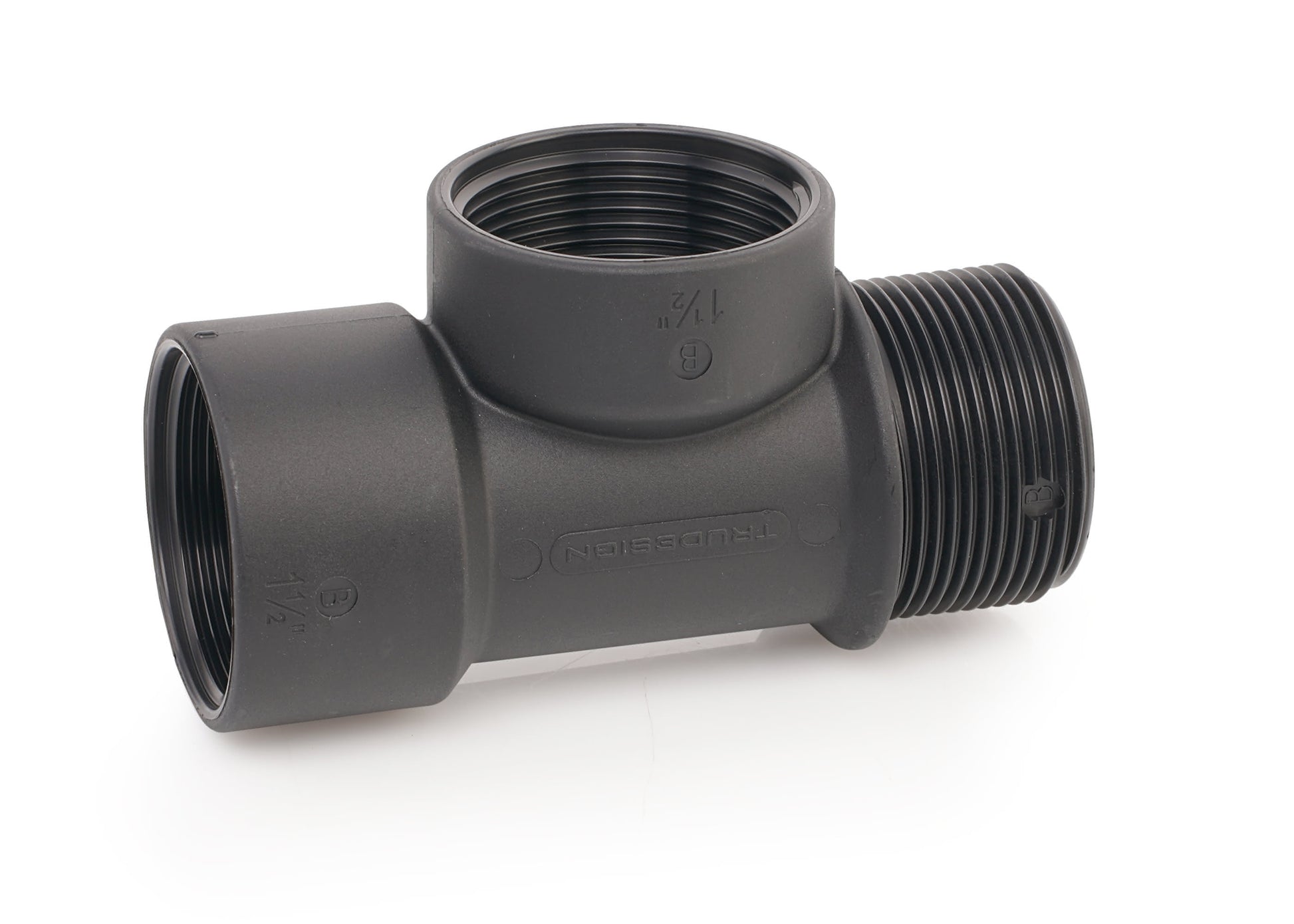 Tru-Design T-Piece 1 1/2" BSP with 2 female and 1 male BSP threaded ports. Constructed from black glass-reinforced polymer (GRP) for corrosion resistance in marine environments. Used for plumbing water, waste, and bilge systems. Lightweight, durable, and UV-resistant.