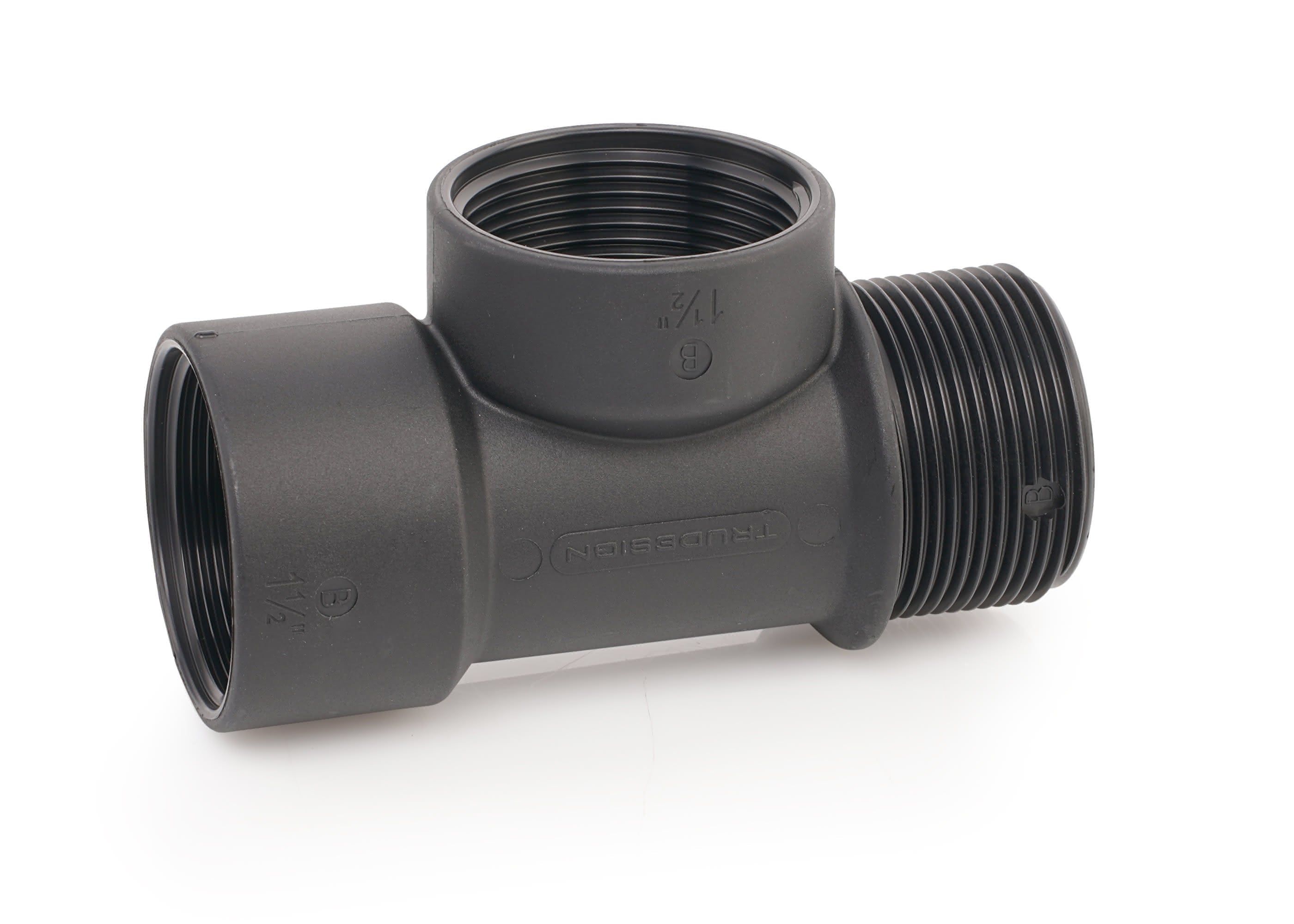 Tru-Design T-Piece 1 1/2" BSP with 2 female and 1 male BSP threaded ports. Constructed from black glass-reinforced polymer (GRP) for corrosion resistance in marine environments. Used for plumbing water, waste, and bilge systems. Lightweight, durable, and UV-resistant.