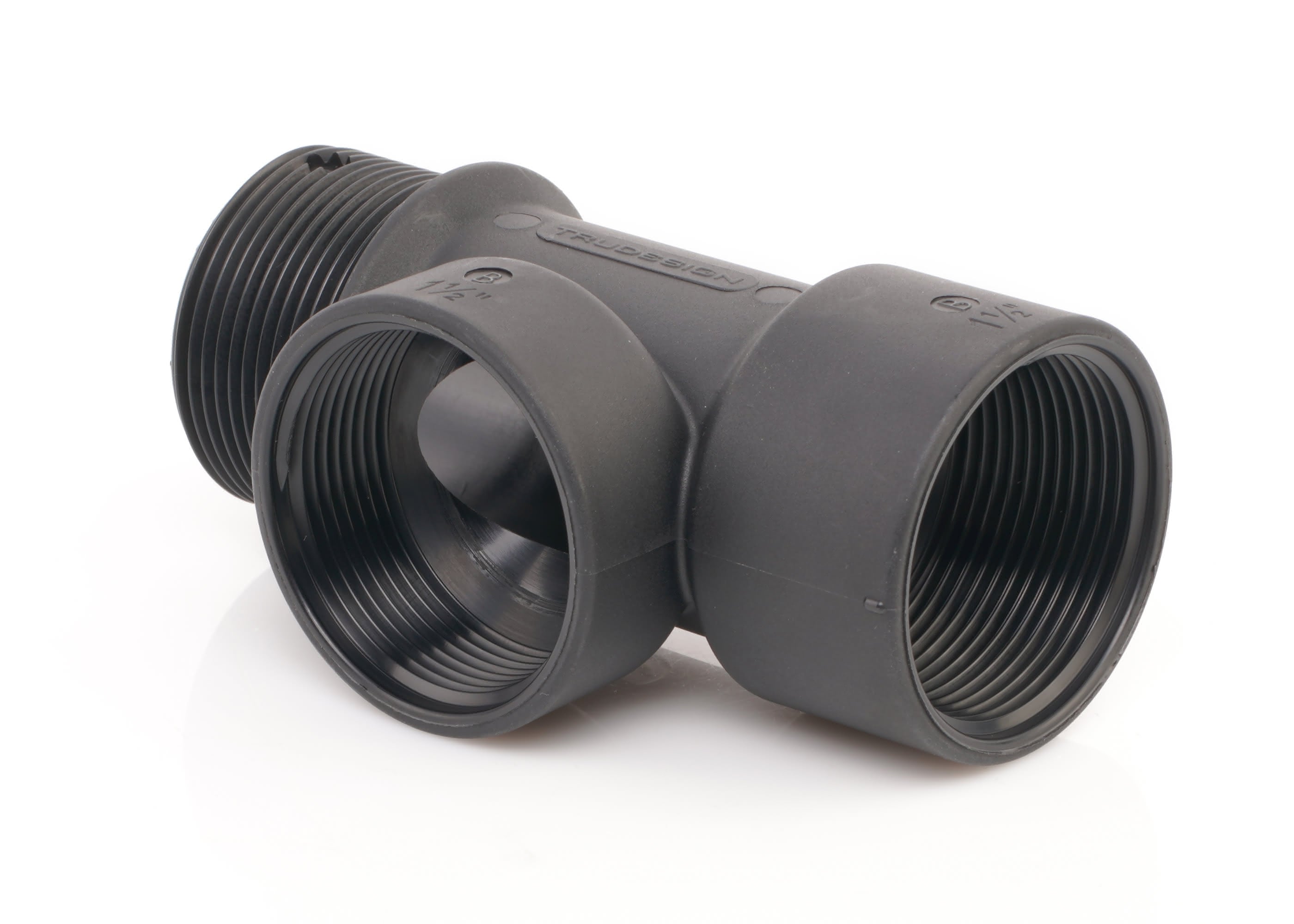 Tru-Design T-Piece 1 1/2" BSP with 2 female and 1 male BSP threaded ports. Constructed from black glass-reinforced polymer (GRP) for corrosion resistance in marine environments. Used for plumbing water, waste, and bilge systems. Lightweight, durable, and UV-resistant.
