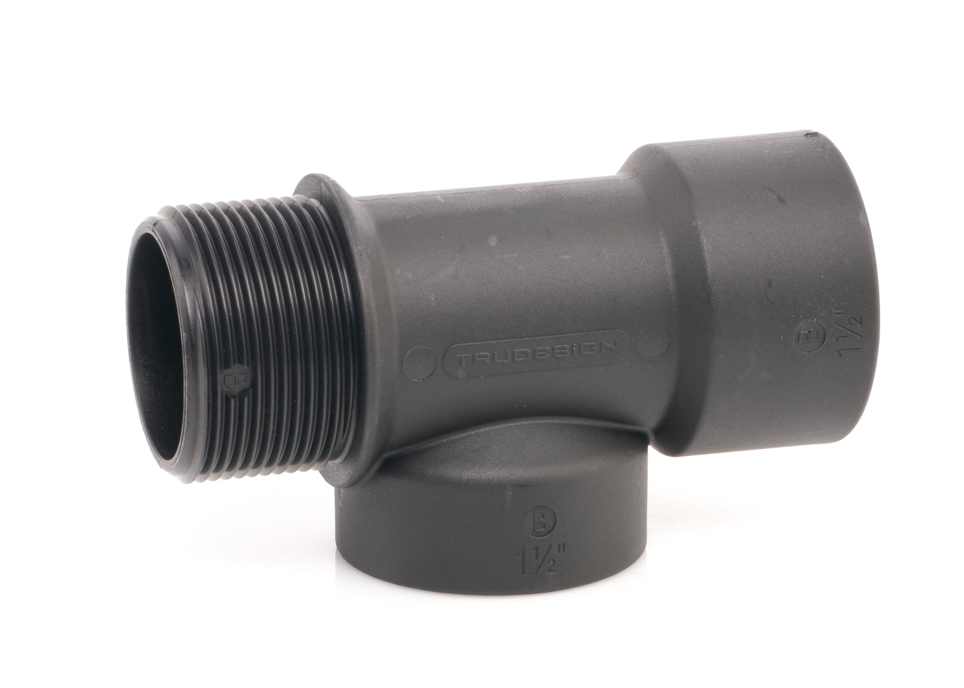 Tru-Design T-Piece 1 1/2" BSP with 2 female and 1 male BSP threaded ports. Constructed from black glass-reinforced polymer (GRP) for corrosion resistance in marine environments. Used for plumbing water, waste, and bilge systems. Lightweight, durable, and UV-resistant.