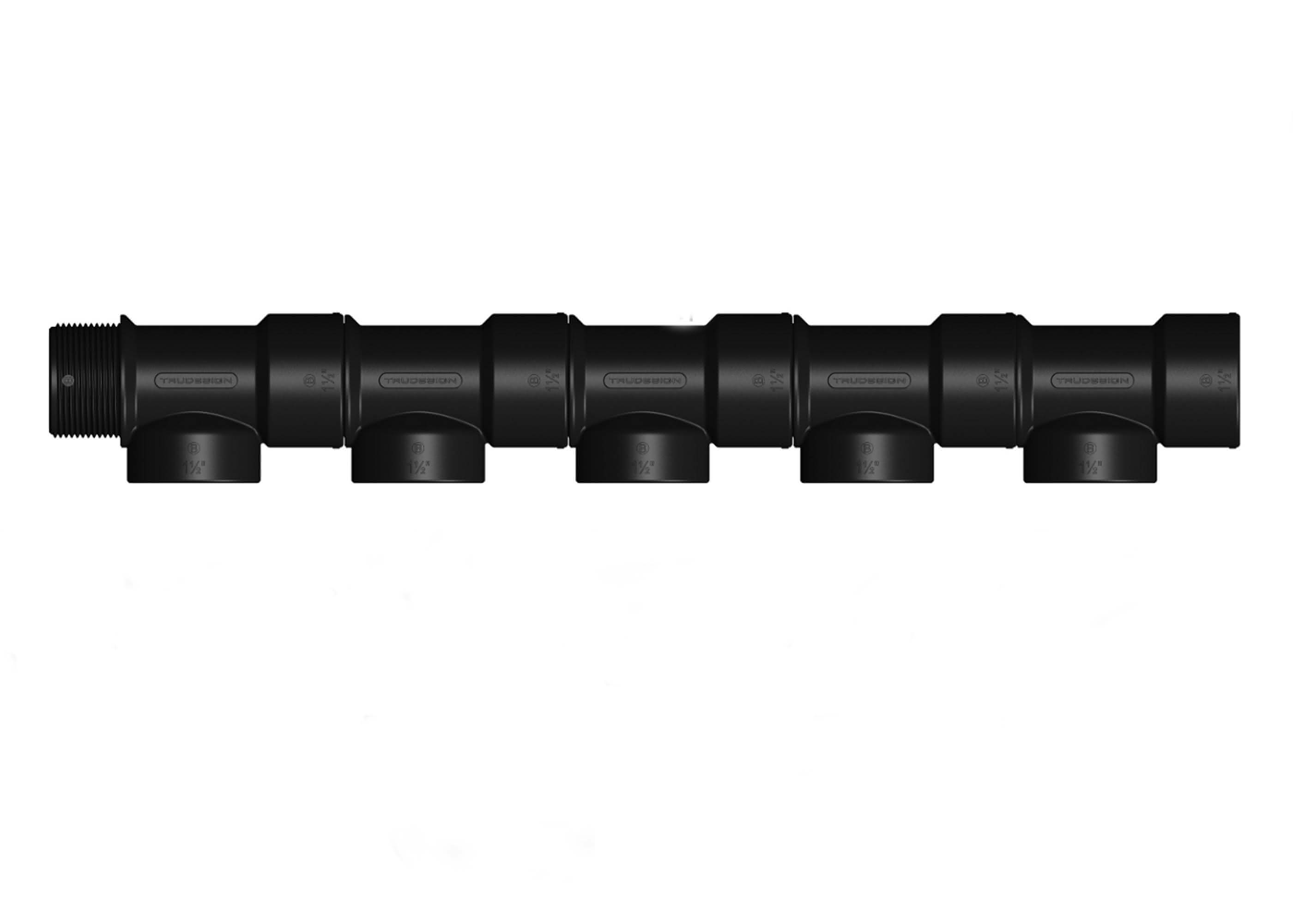 Tru-Design T-Piece 1 1/2" BSP with 2 female and 1 male BSP threaded ports. Constructed from black glass-reinforced polymer (GRP) for corrosion resistance in marine environments. Used for plumbing water, waste, and bilge systems. Lightweight, durable, and UV-resistant.