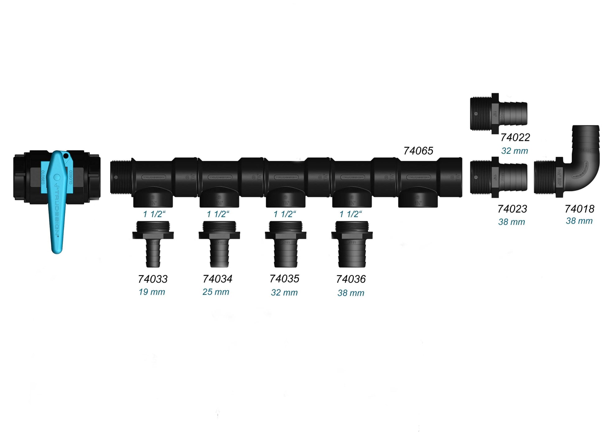 Tru-Design T-Piece 1 1/2" BSP with 2 female and 1 male BSP threaded ports. Constructed from black glass-reinforced polymer (GRP) for corrosion resistance in marine environments. Used for plumbing water, waste, and bilge systems. Lightweight, durable, and UV-resistant.