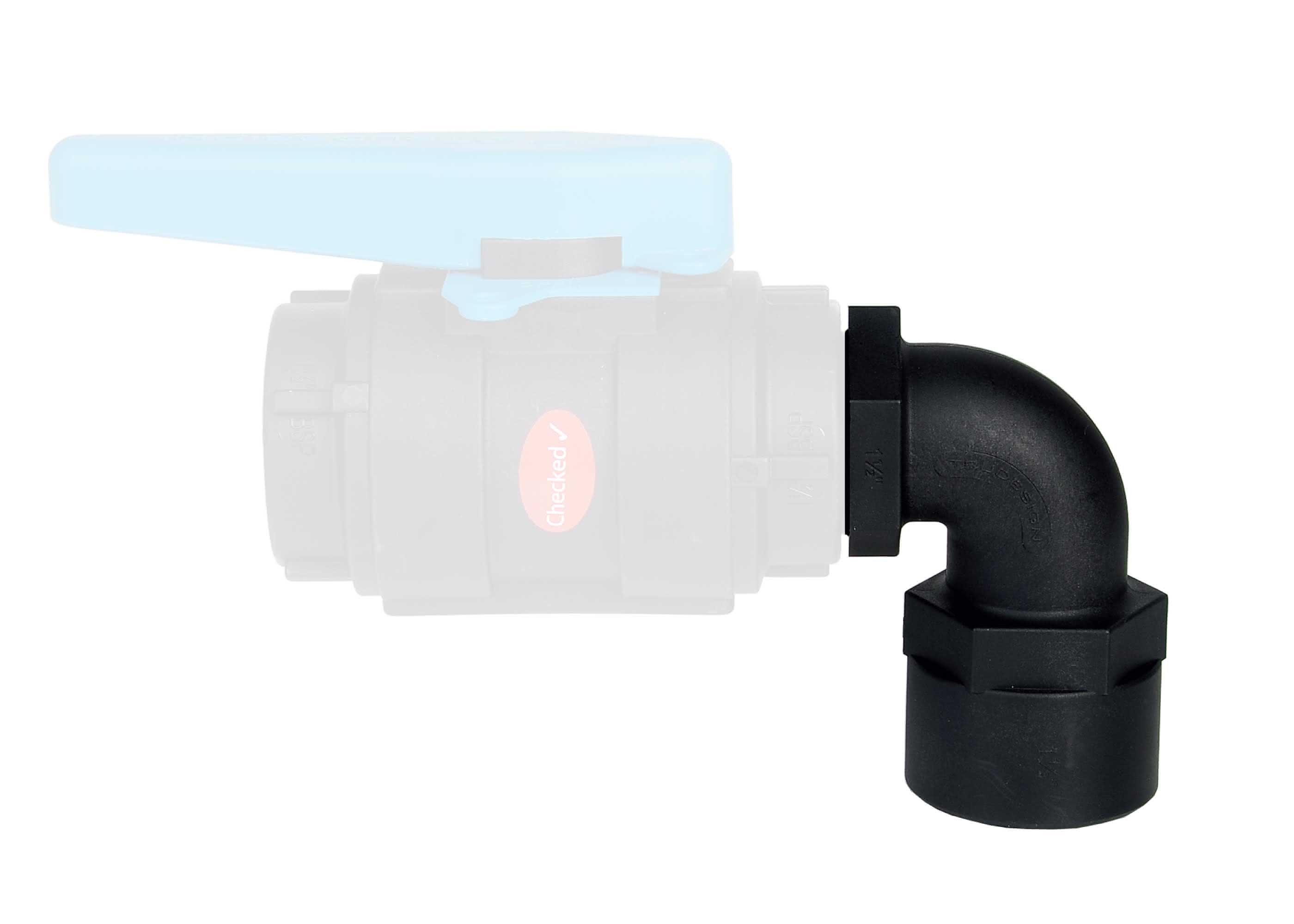 TruDesign 90° Elbow F-M in black GRP with BSP threading. Connects female to male fittings at a right angle for efficient space use in marine plumbing. UV-stable and corrosion-resistant, ideal for bilge, waste, or water systems. Lightweight and robust for long-term marine use.