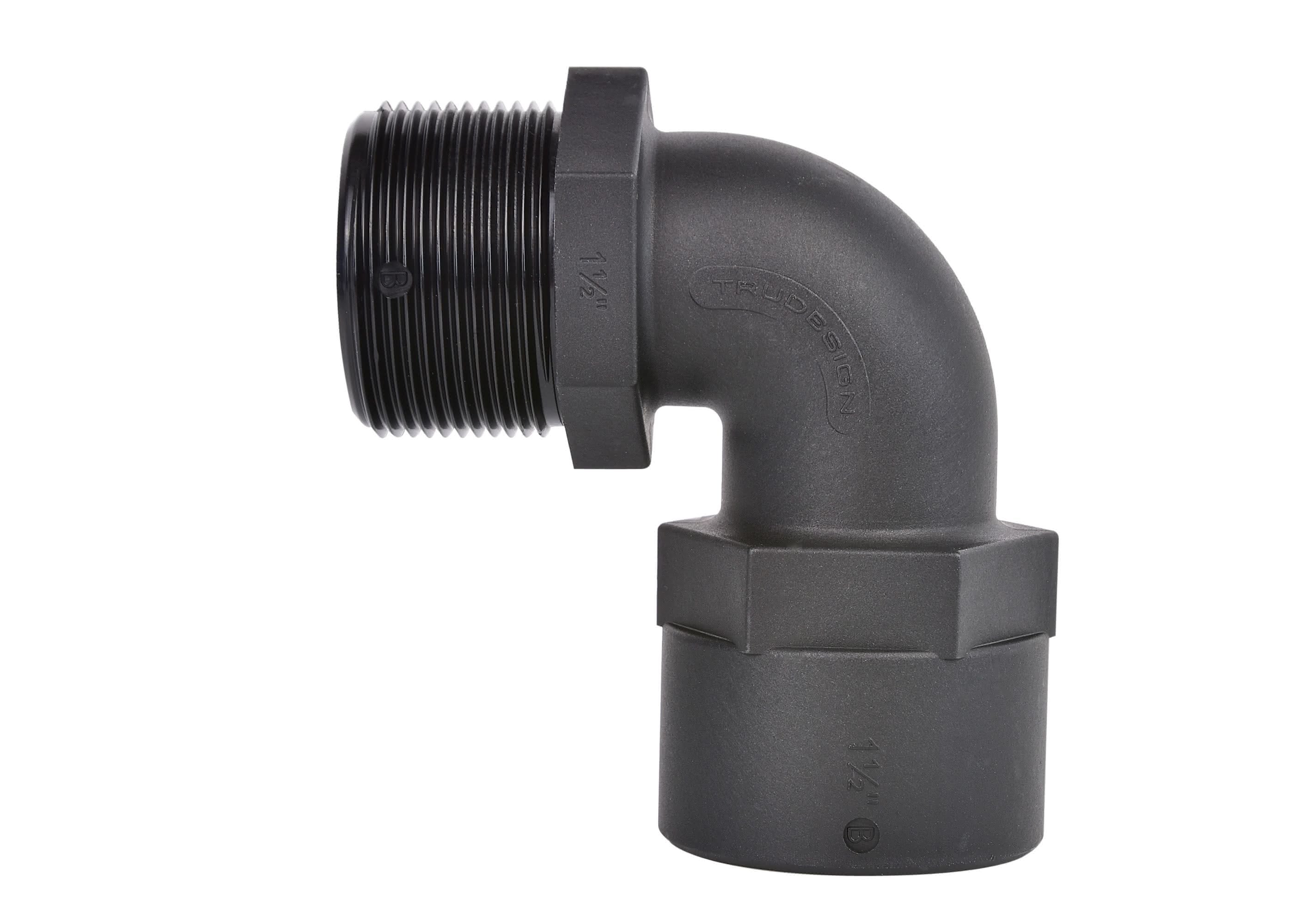 TruDesign 90° Elbow F-M with BSP threads connects female to male fittings at a right angle. Made from black GRP (glass-reinforced polymer) for strength, UV stability, and corrosion resistance. Ideal for marine plumbing systems in tight spaces. Lightweight, durable, and non-metallic.

