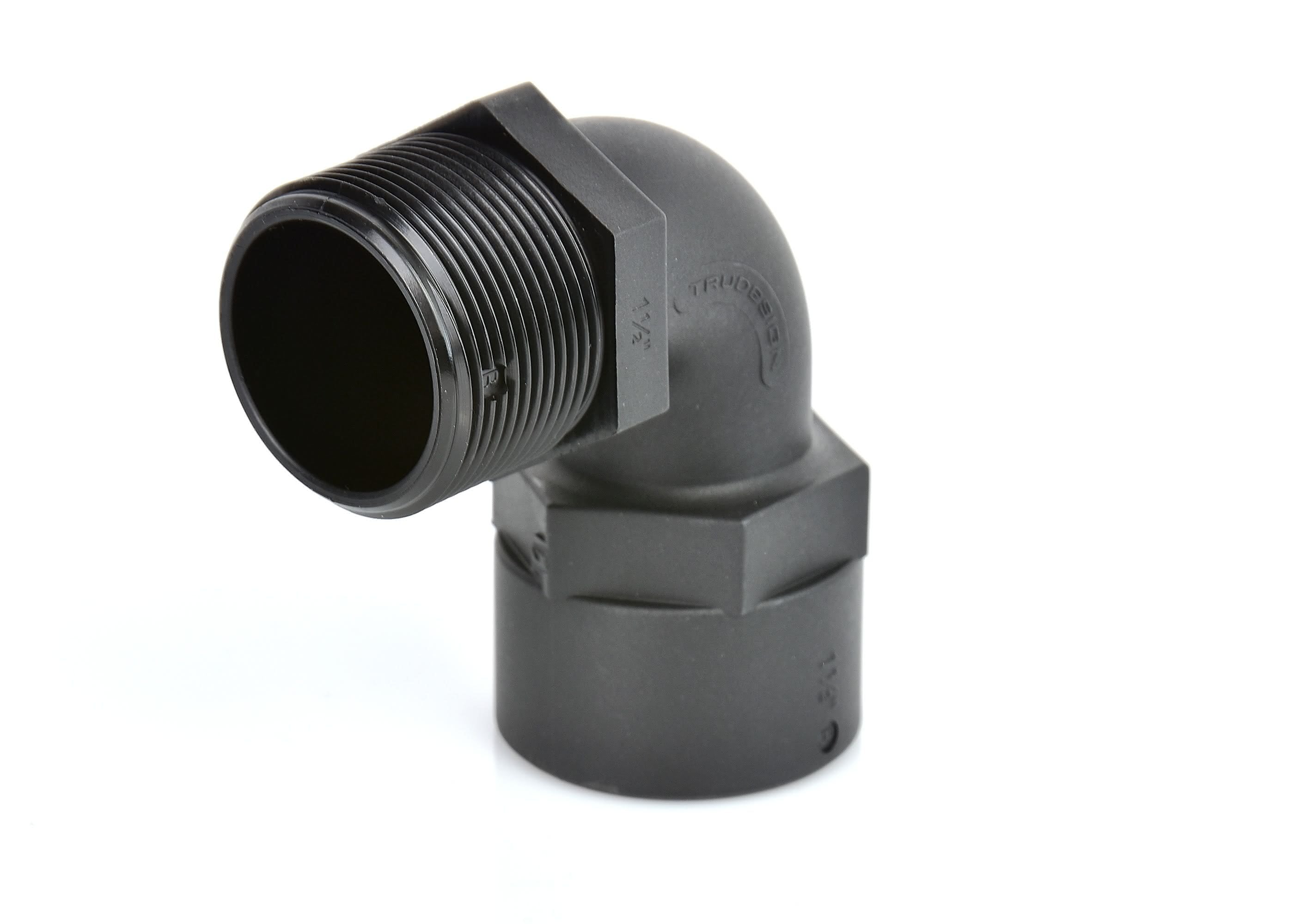 TruDesign 90° Elbow F-M with BSP threads connects female to male fittings at a right angle. Made from black GRP (glass-reinforced polymer) for strength, UV stability, and corrosion resistance. Ideal for marine plumbing systems in tight spaces. Lightweight, durable, and non-metallic.

