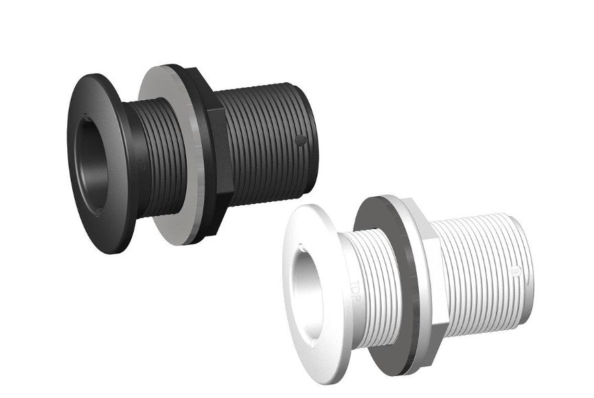 TruDesign thru-hull fitting in white GRP with BSP thread for secure marine skin fitting applications. Suitable for use above or below the waterline on all hull types. Corrosion-free, UV-stable, and made from strong, lightweight composite. Ideal for bilge, waste, and water outlets.